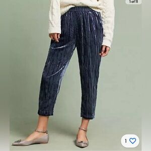 Anthropologie Ett:Twa Kinley Blue Crushed Velvet Cropped Harem Joggers Pants S